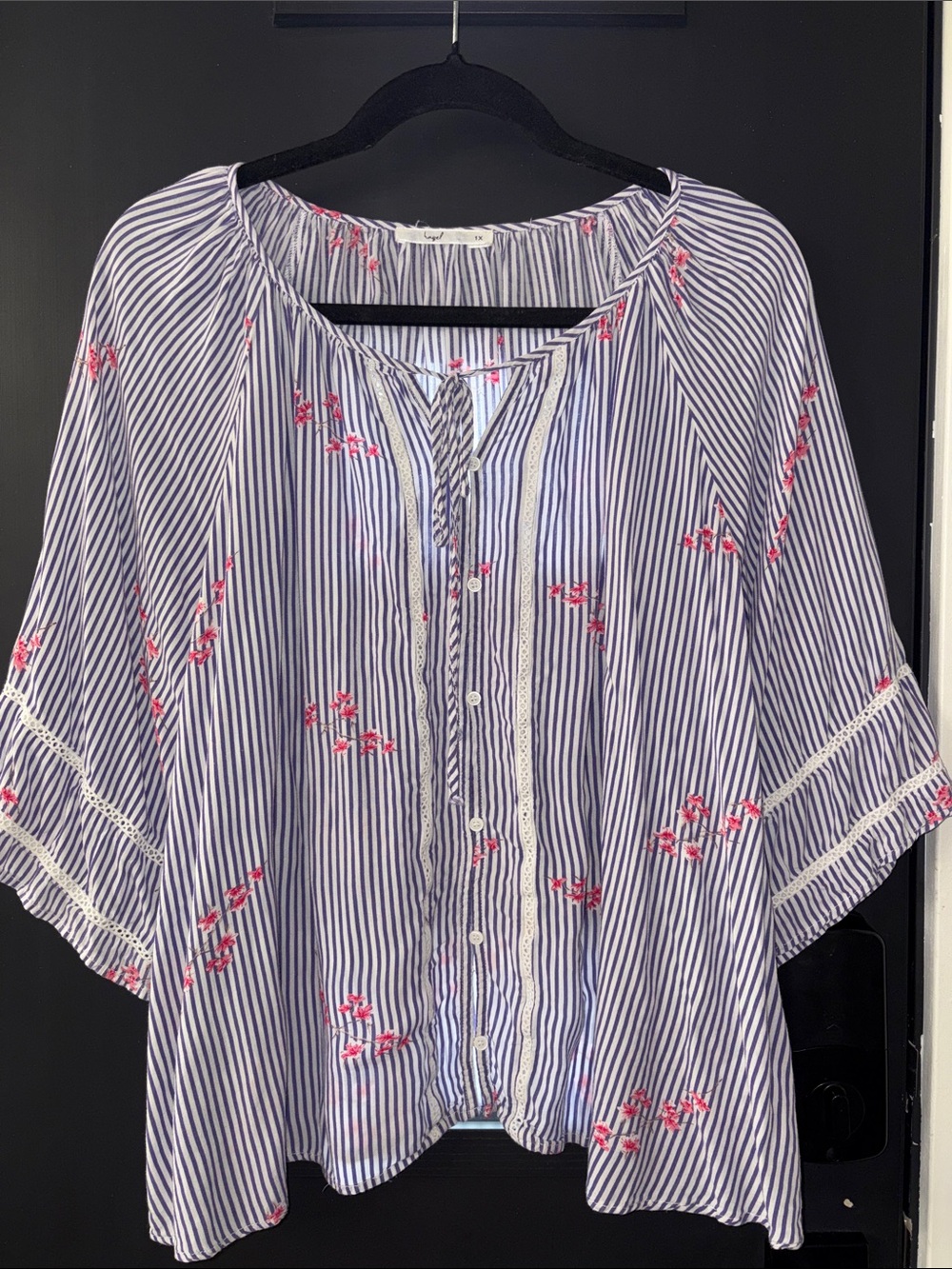 Low Start! Hazel 1X Striped Blue & White Embroidered Button-Front Women's Top
